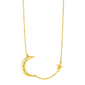 14k Yellow Gold Necklace with Moon and Star with Diamonds
