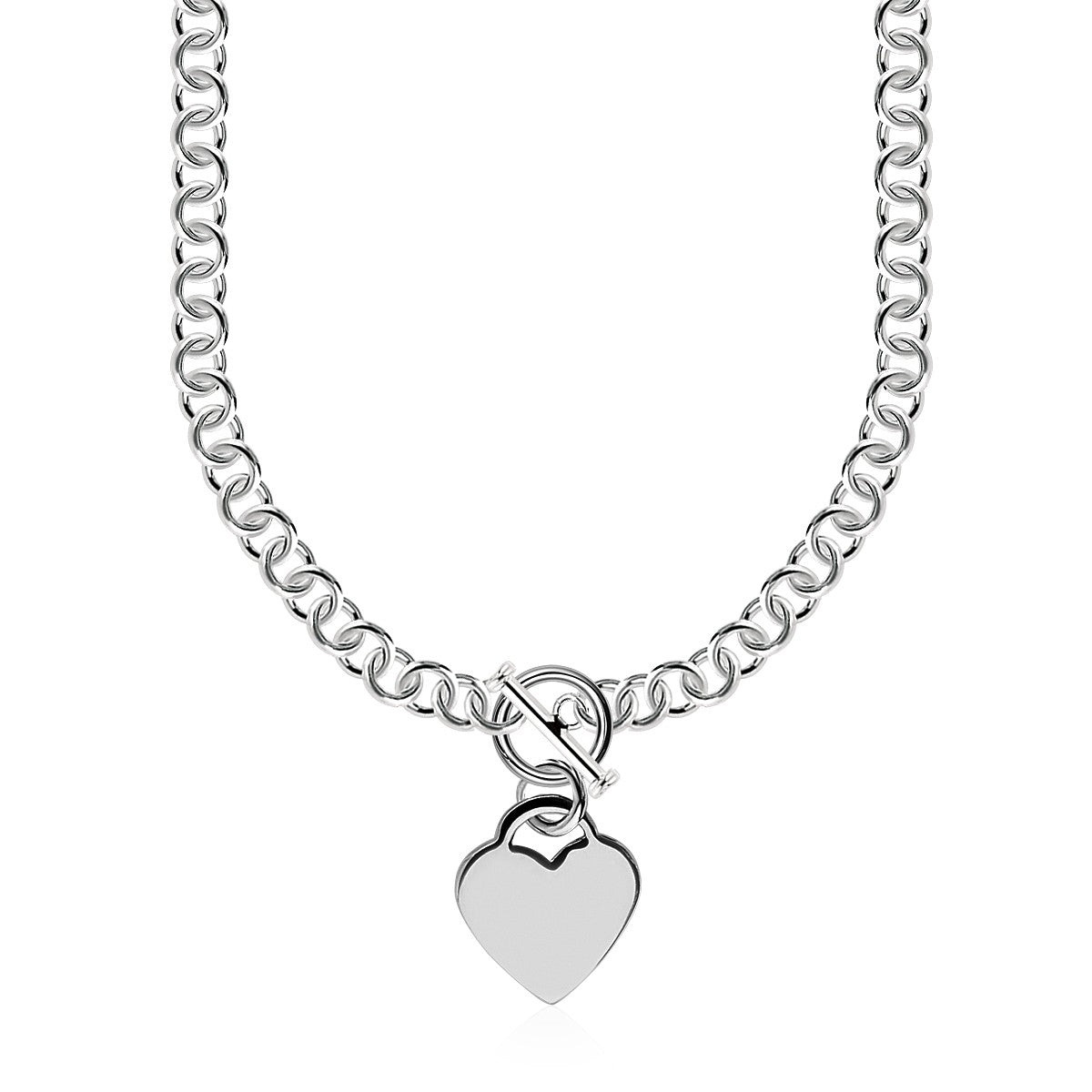Sterling Silver Rolo Chain  with a Heart Toggle Charm and Rhodium Plating