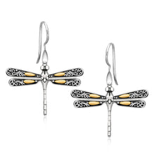 Load image into Gallery viewer, 18k Yellow Gold and Sterling Silver Dragonfly Motif Drop Earrings
