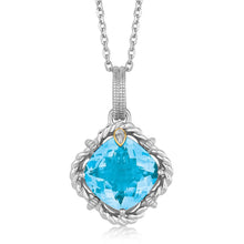 Load image into Gallery viewer, 18k Yellow Gold and Sterling Silver Pendant with Cushion Blue Topaz and Diamonds
