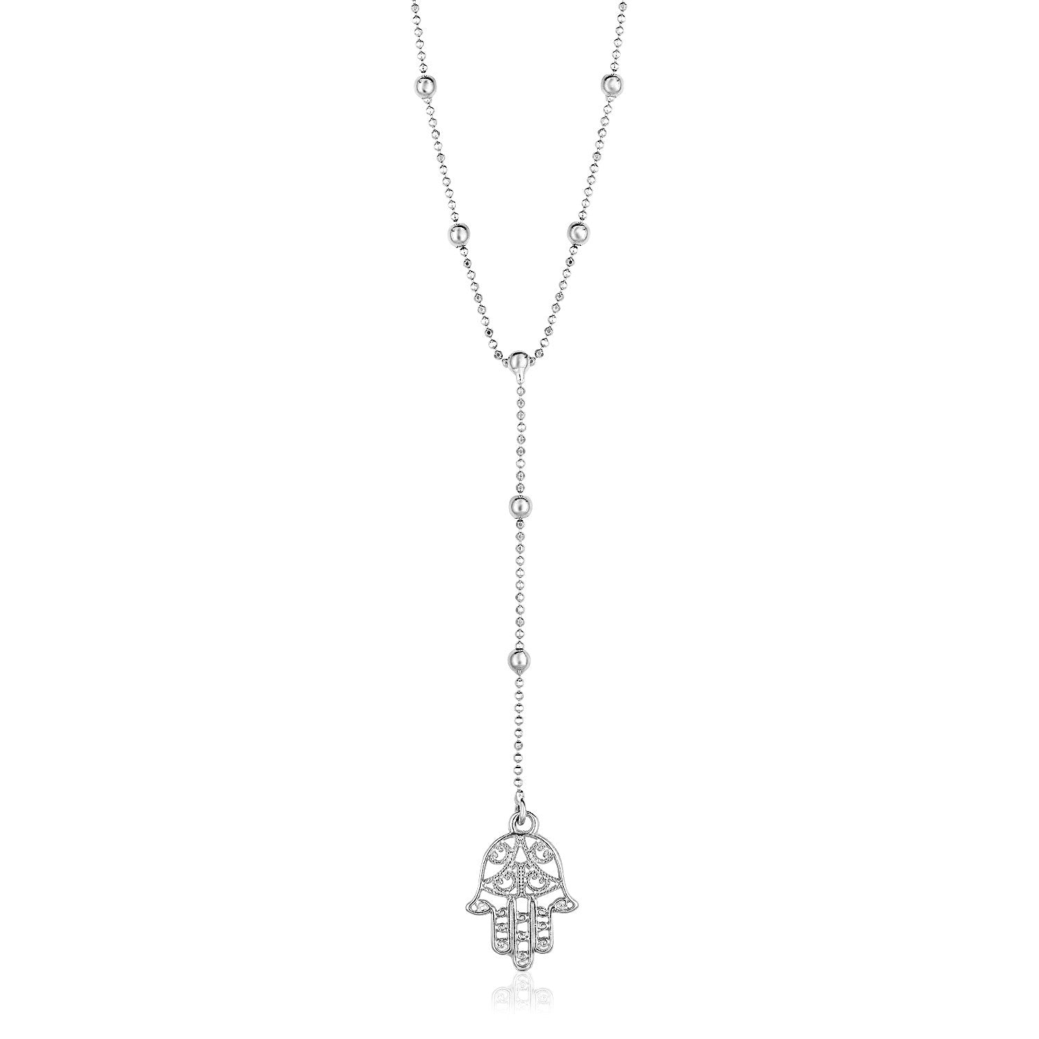 Sterling Silver Lariat Necklace with Hand of Hamsa Symbol