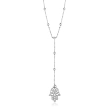 Load image into Gallery viewer, Sterling Silver Lariat Necklace with Hand of Hamsa Symbol
