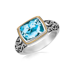 18k Yellow Gold and Sterling Silver Rectangular Blue Topaz Milgrained Ring