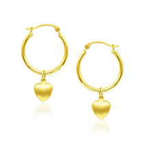 Load image into Gallery viewer, 14k Yellow Gold Hoop Earrings with Dangling Puffed Heart
