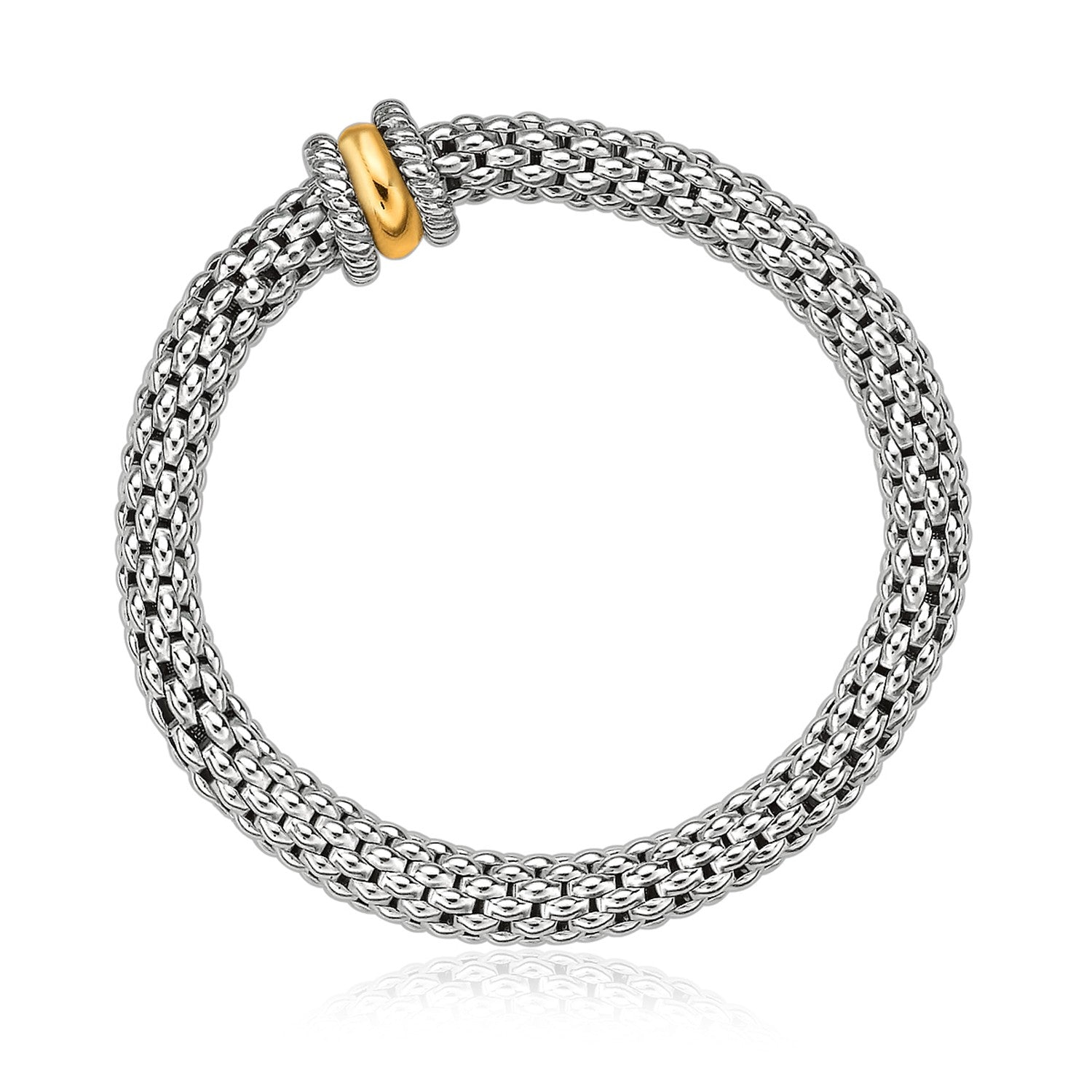 18k Yellow Gold and Sterling Silver Stretchable Bangle in Popcorn Chain