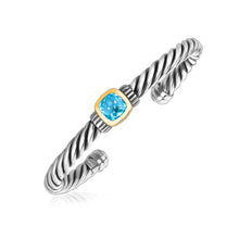 Load image into Gallery viewer, 18k Yellow Gold and Sterling Silver Blue Topaz Open Cable Style Cuff Bangle
