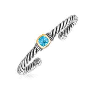 18k Yellow Gold and Sterling Silver Blue Topaz Open Cable Style Cuff Bangle