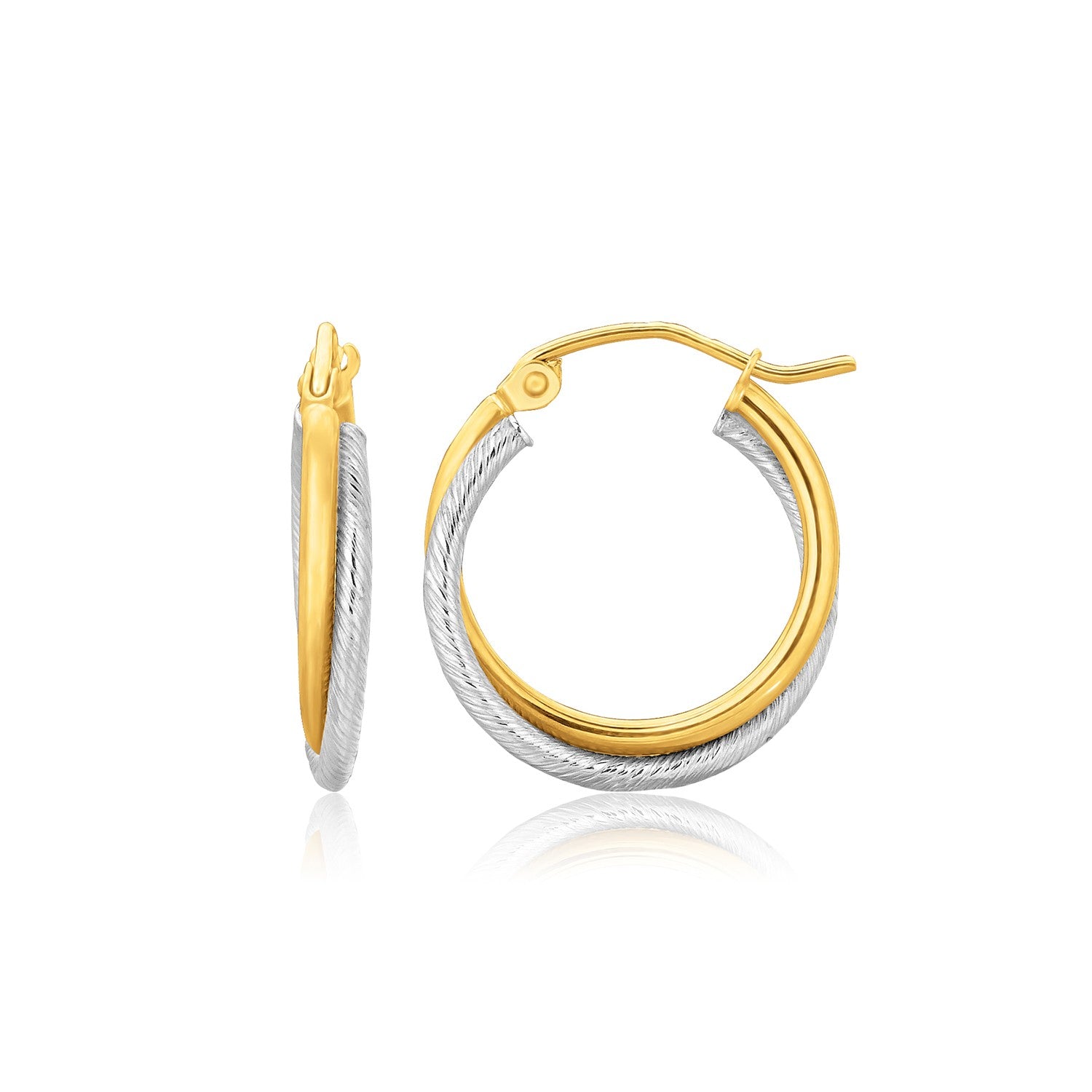 14k Two Tone Gold Double Polished and Textured Hoop Earrings
