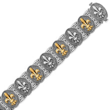 Load image into Gallery viewer, 18k Yellow Gold and Sterling Silver Fleur De Lis Motif Fancy Bracelet
