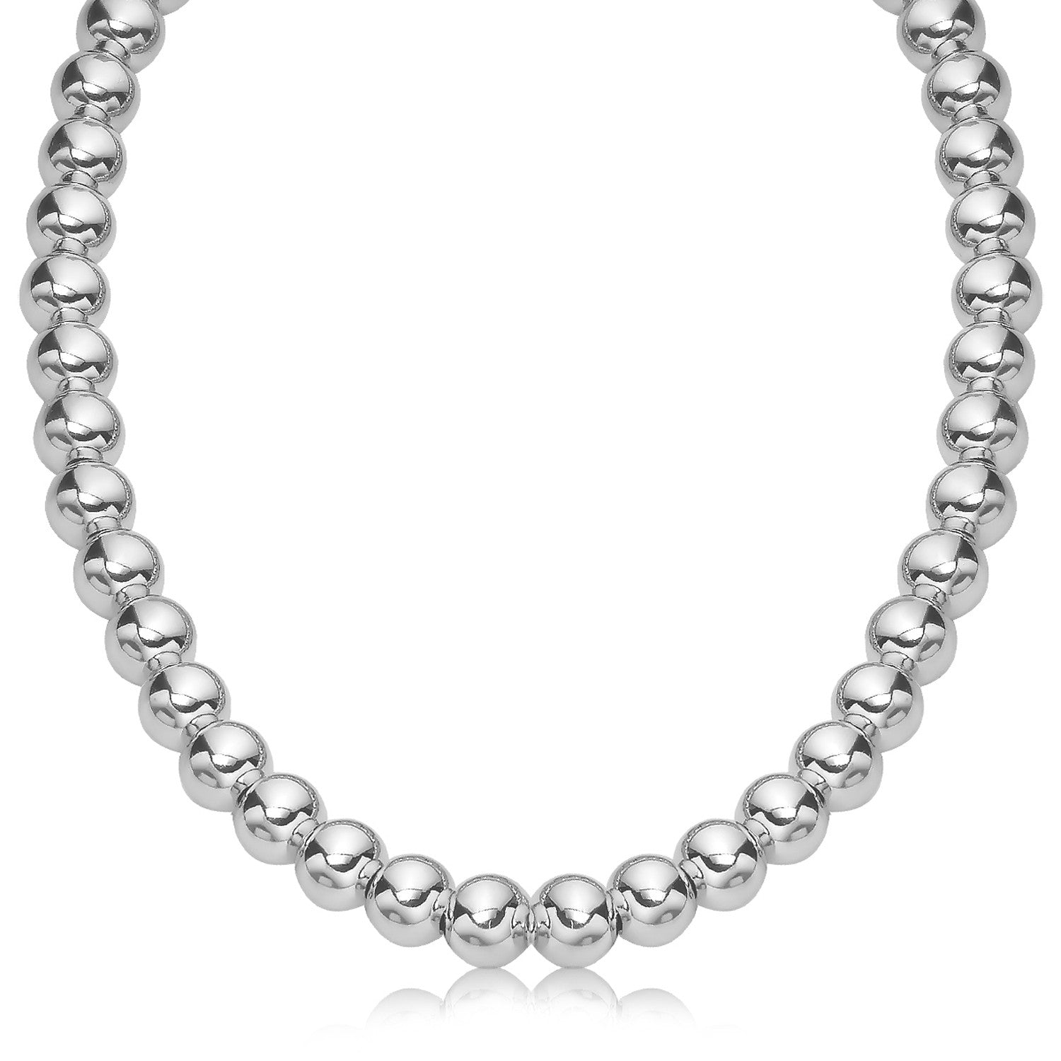 Sterling Silver Polished Bead Necklace with Rhodium Plating (10mm)