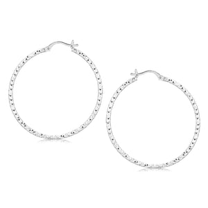 Sterling Silver Rhodium Plated Large Faceted Style Hoop Earrings
