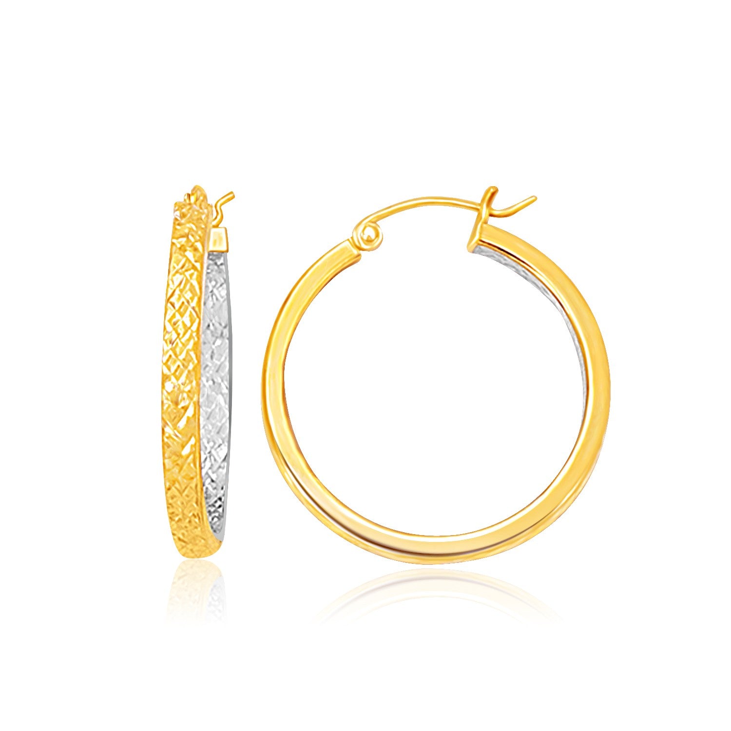 Two-Tone Yellow and White Gold Medium Patterned Hoop Earrings