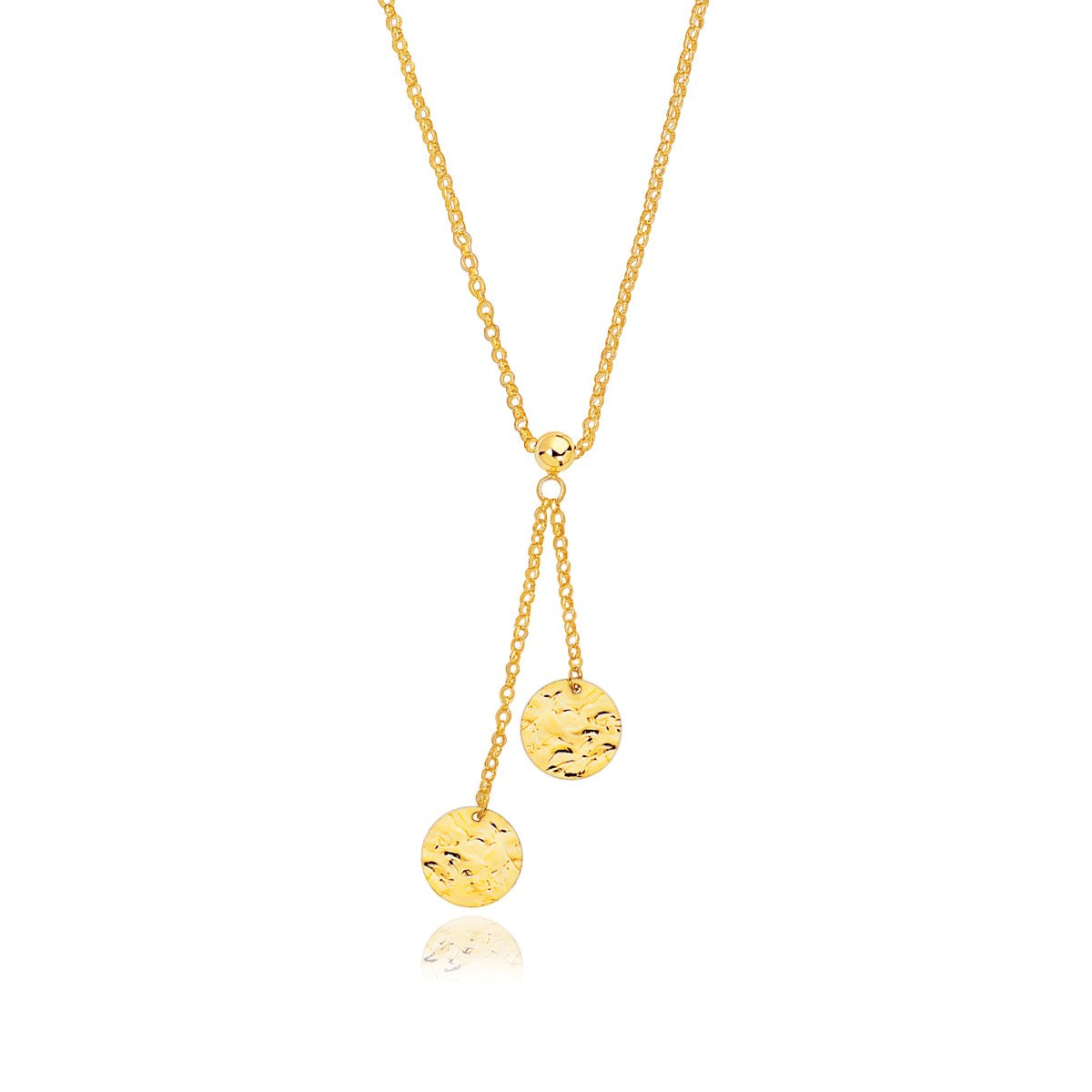 14k Yellow Gold Hammered Disc Lariat 17 inches Necklace