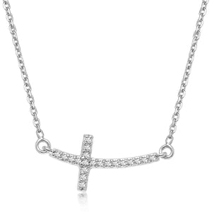 14k White Gold Curved Cross Diamond Studded Necklace (.11cttw)