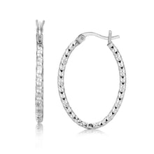 Load image into Gallery viewer, Sterling Silver Rhodium Plated Textured Diamond Cut Oval Hoop Earrings
