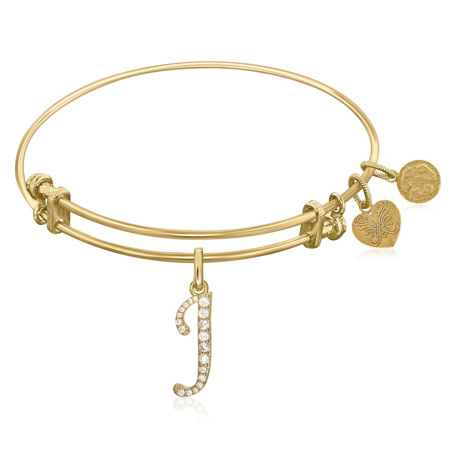 Expandable Yellow Tone Brass Bangle with J Symbol with Cubic Zirconia