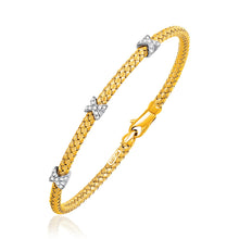 Load image into Gallery viewer, Basket Weave Bangle with Cross Diamond Accents in 14k Yellow Gold (4.0mm)
