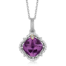 Load image into Gallery viewer, 18k Yellow Gold and Sterling Silver Cushion Amethyst and Diamond Pendant
