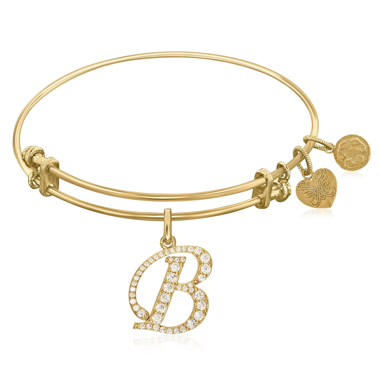 qExpandable Yellow Tone Brass Bangle with B Symbol with Cubic Zirconia