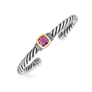 18k Yellow Gold and Sterling Silver Rope Cuff Bangle with Amethyst Centerpiece