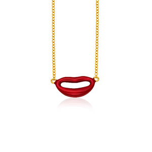 14k Yellow Gold with Enamel Red Lips Necklace