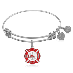 Expandable White Tone Brass Bangle with Red Enamel Fire Fighter Symbol