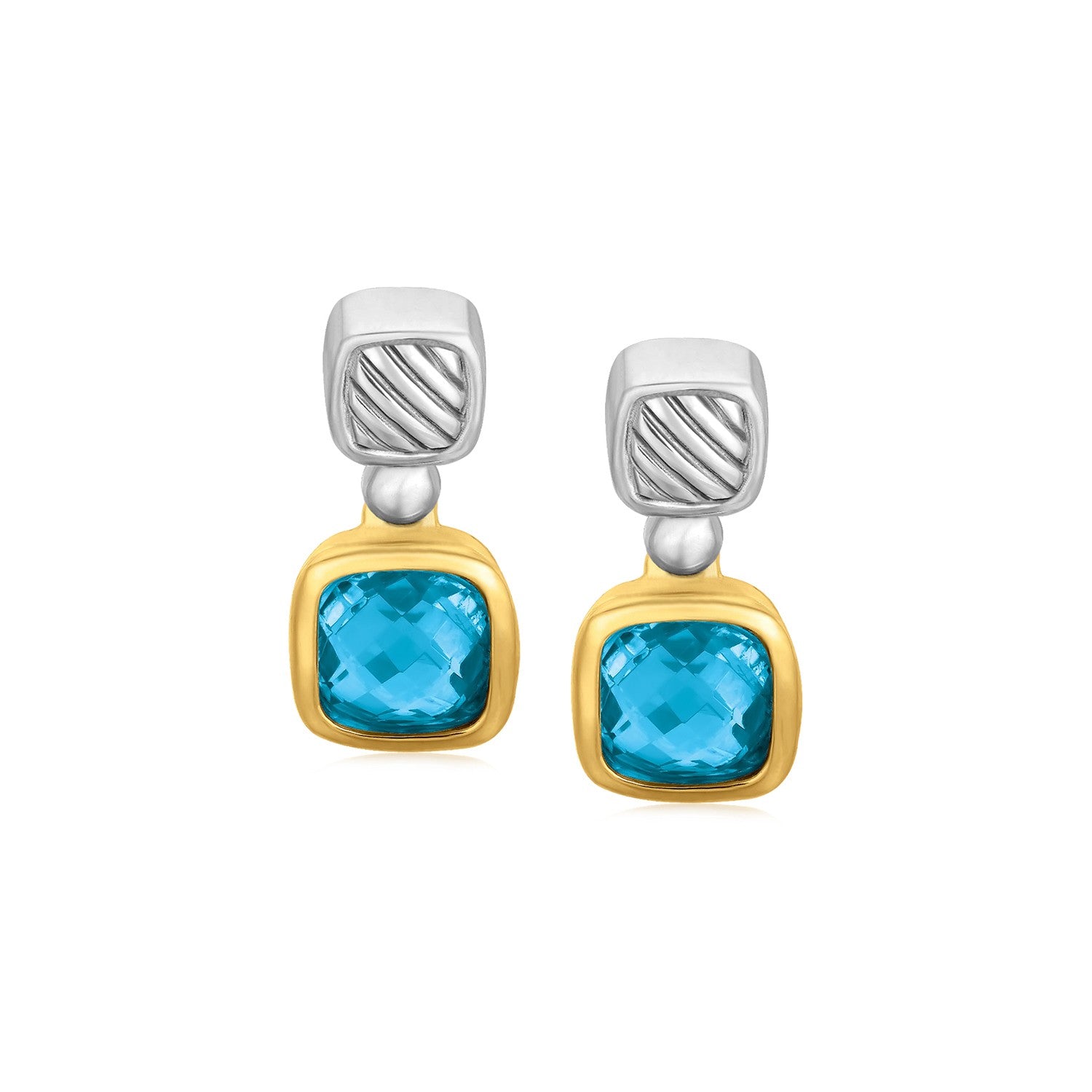 18k Yellow Gold and Sterling Silver Drop Earrings with Bezel Set Blue Topaz
