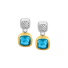 Load image into Gallery viewer, 18k Yellow Gold and Sterling Silver Drop Earrings with Bezel Set Blue Topaz
