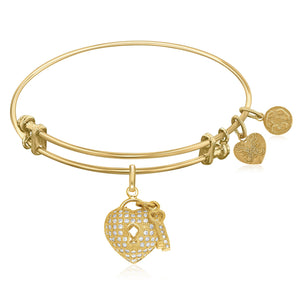 Expandable Yellow Tone Brass Bangle with Heart and Key with Cubic Zirconia