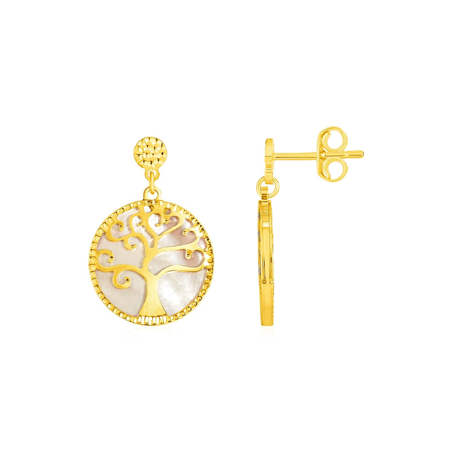 14k Yellow Gold and Mother of Pearl Tree of Life Earrings