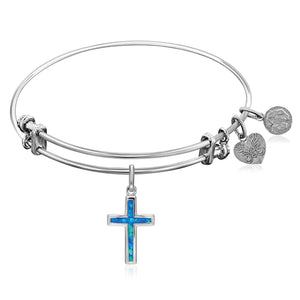 Expandable White Tone Brass Bangle with Cross Symbol with Opal