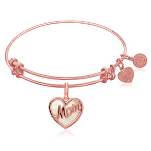 Expandable Pink Tone Brass Bangle with Mom and Mother of Pearl