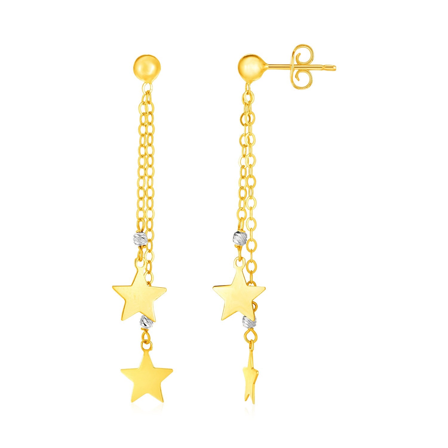 14k Two Tone Gold Drop Earrings with Polished Stars