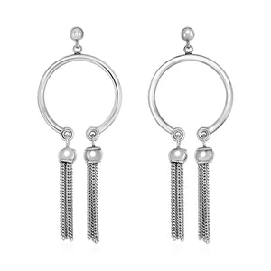 Polished Circular Earrings with Tassels in Sterling Silver