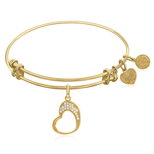 Expandable Yellow Tone Brass Bangle with Open Heart with Cubic Zirconia
