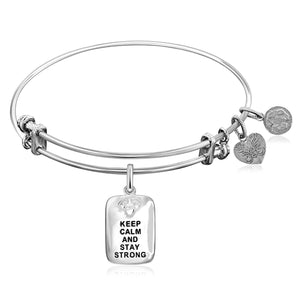 Expandable White Tone Brass Bangle with Keep Calm and Stay Strong Symbol