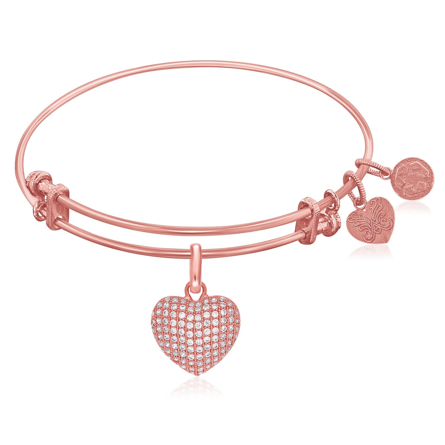 Expandable Pink Tone Brass Bangle with Heart with Cubic Zirconia