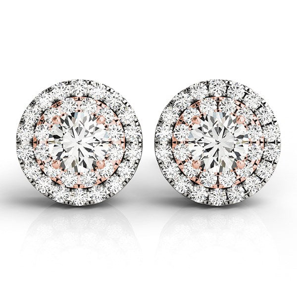 14k White and Rose Gold Round Halo Diamond Earrings (3/4 cttw)