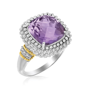 18k Yellow Gold & Sterling Silver Popcorn Ring with Amethyst and Diamond Accents