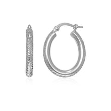 Load image into Gallery viewer, 14k White Gold Diamond Cut Textured Oval Hoop Earrings.
