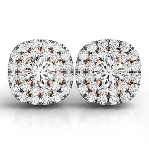 14k White and Rose Gold Cushion Shape Halo Diamond Earrings (3/4 cttw)