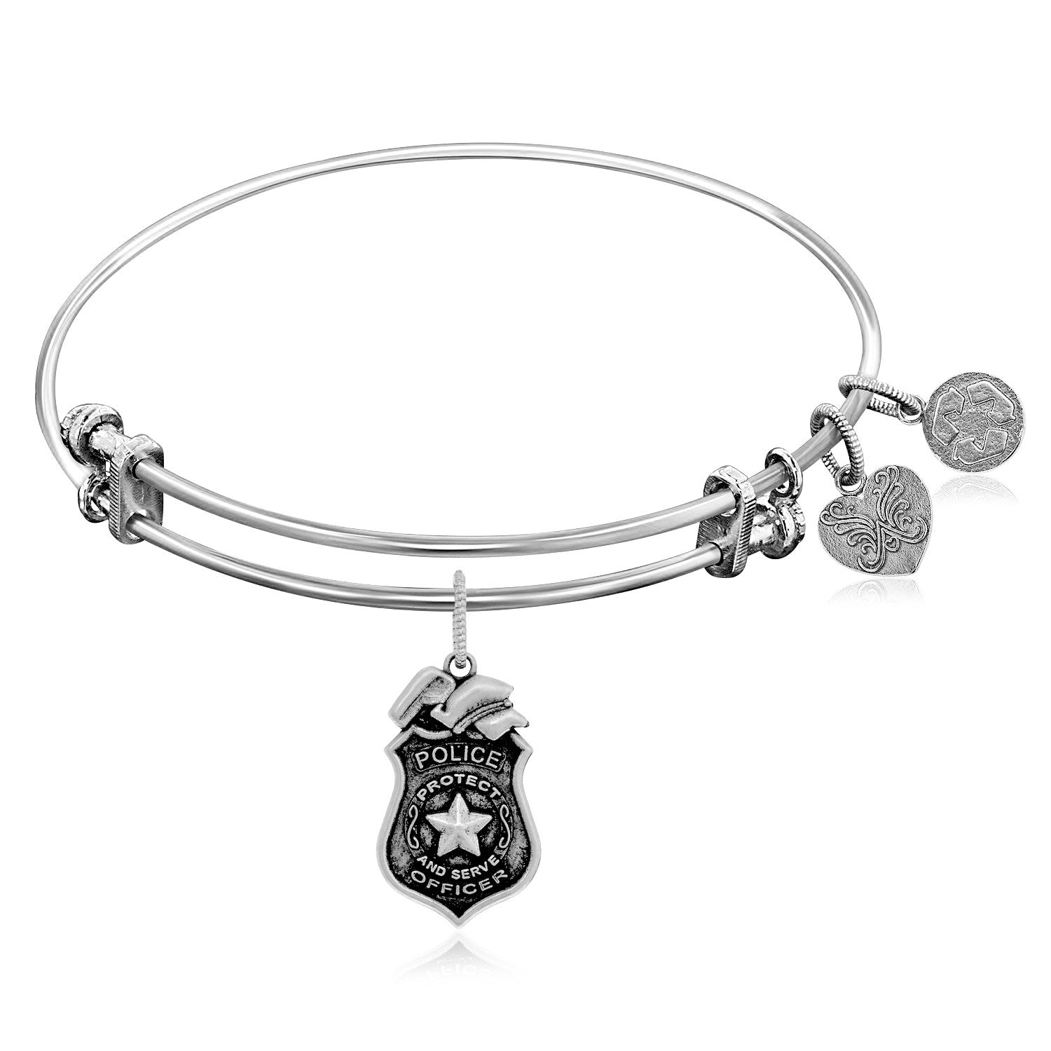 Expandable White Tone Brass Bangle with Police Symbol