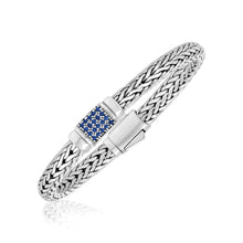 Load image into Gallery viewer, Sterling Silver Weave Motif Bracelet with Blue Sapphire Embellishments
