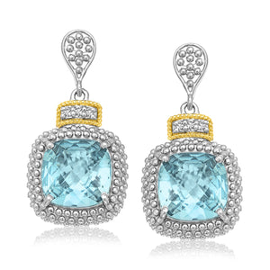 18k Yellow Gold & Sterling Silver Sky Blue Topaz & Diamond Earrings (.05cttw)