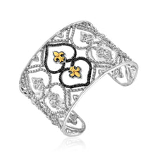 Load image into Gallery viewer, 18k Yellow Gold &amp; Sterling Silver Open Byzantine Style Cuff with Black Diamonds
