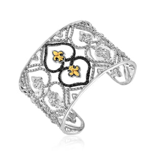 18k Yellow Gold & Sterling Silver Open Byzantine Style Cuff with Black Diamonds