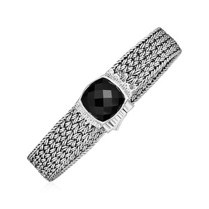 Wide Woven Bracelet with Black Onyx and White Sapphires in Sterling Silver