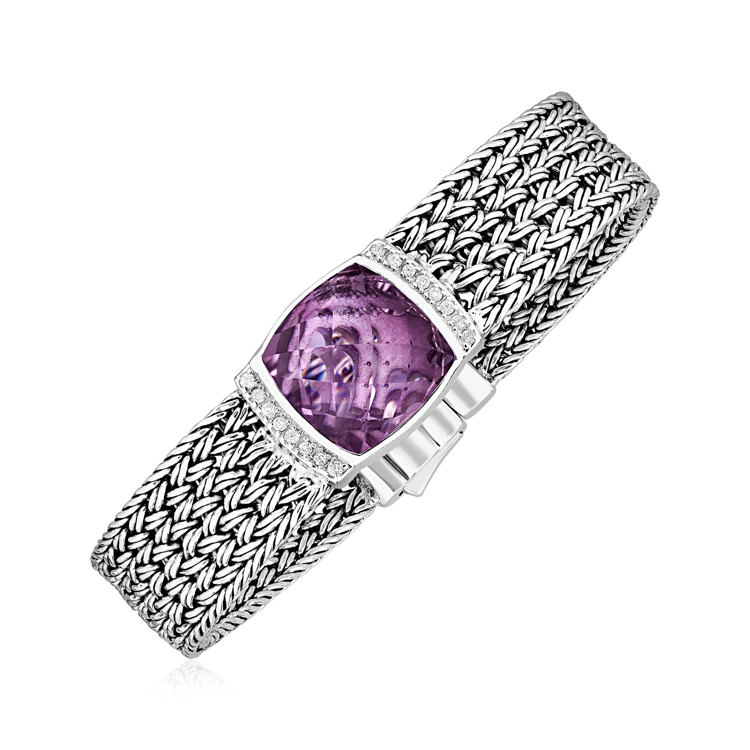 Wide Woven Bracelet with Pink Amethyst and White Sapphires in Sterling Silver