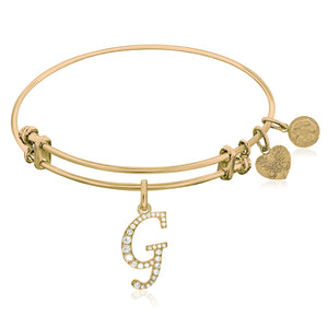 Expandable Yellow Tone Brass Bangle with G Symbol with Cubic Zirconia