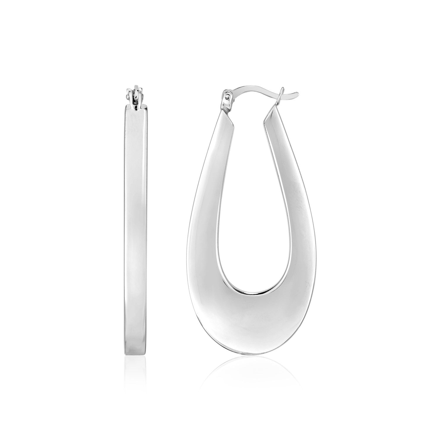 Sterling Silver Puffed Rectangular Profile Long Oval Hoop Earrings